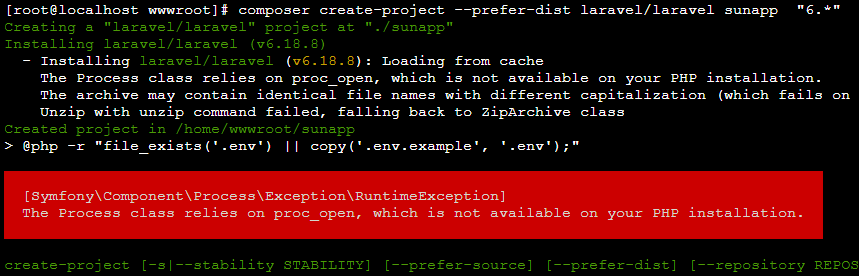 laravel安装报错：The Process class relies on proc_open, which is not available on your PHP installation